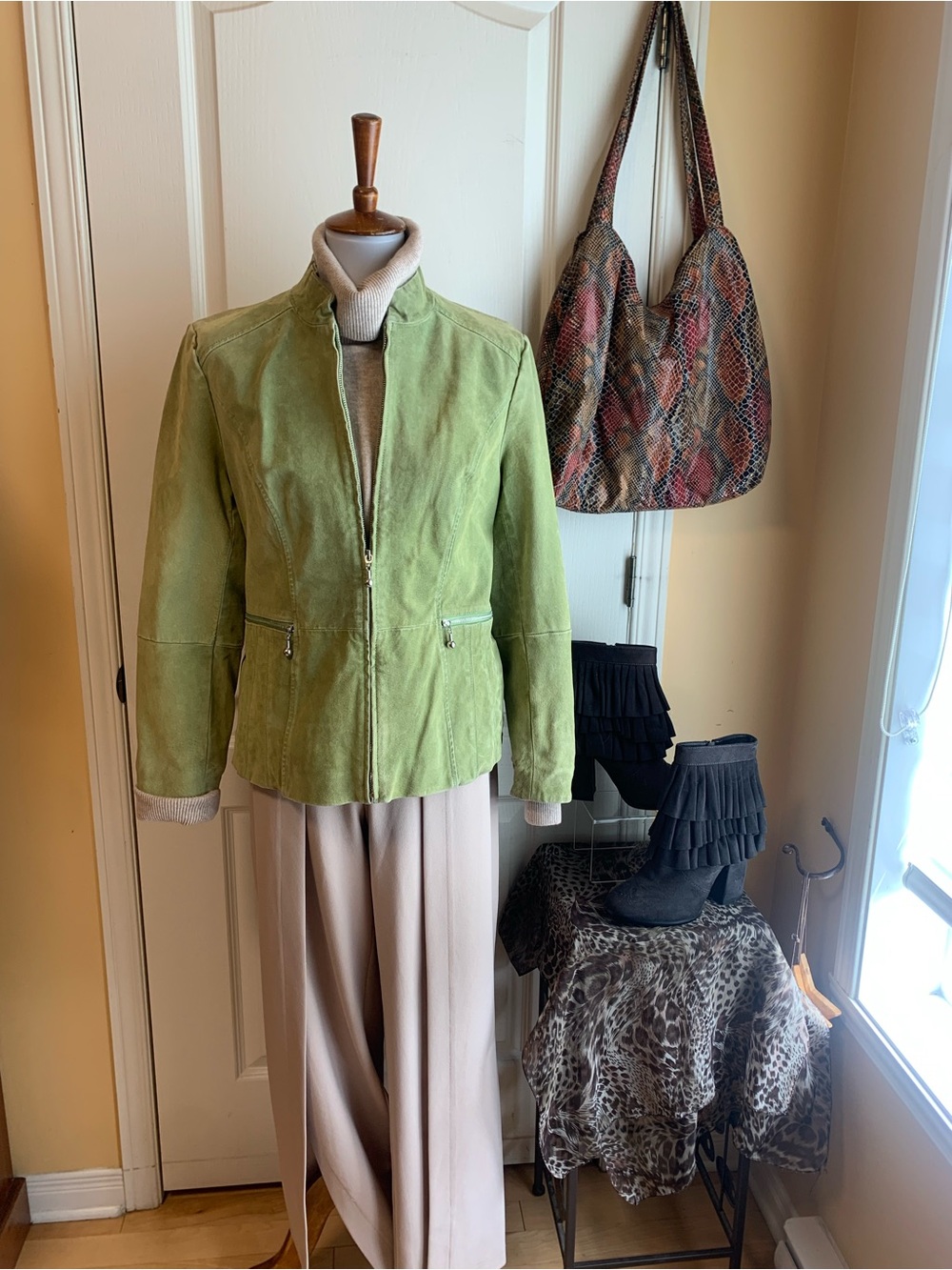 Vintage Green Suede fitted moto Jacket